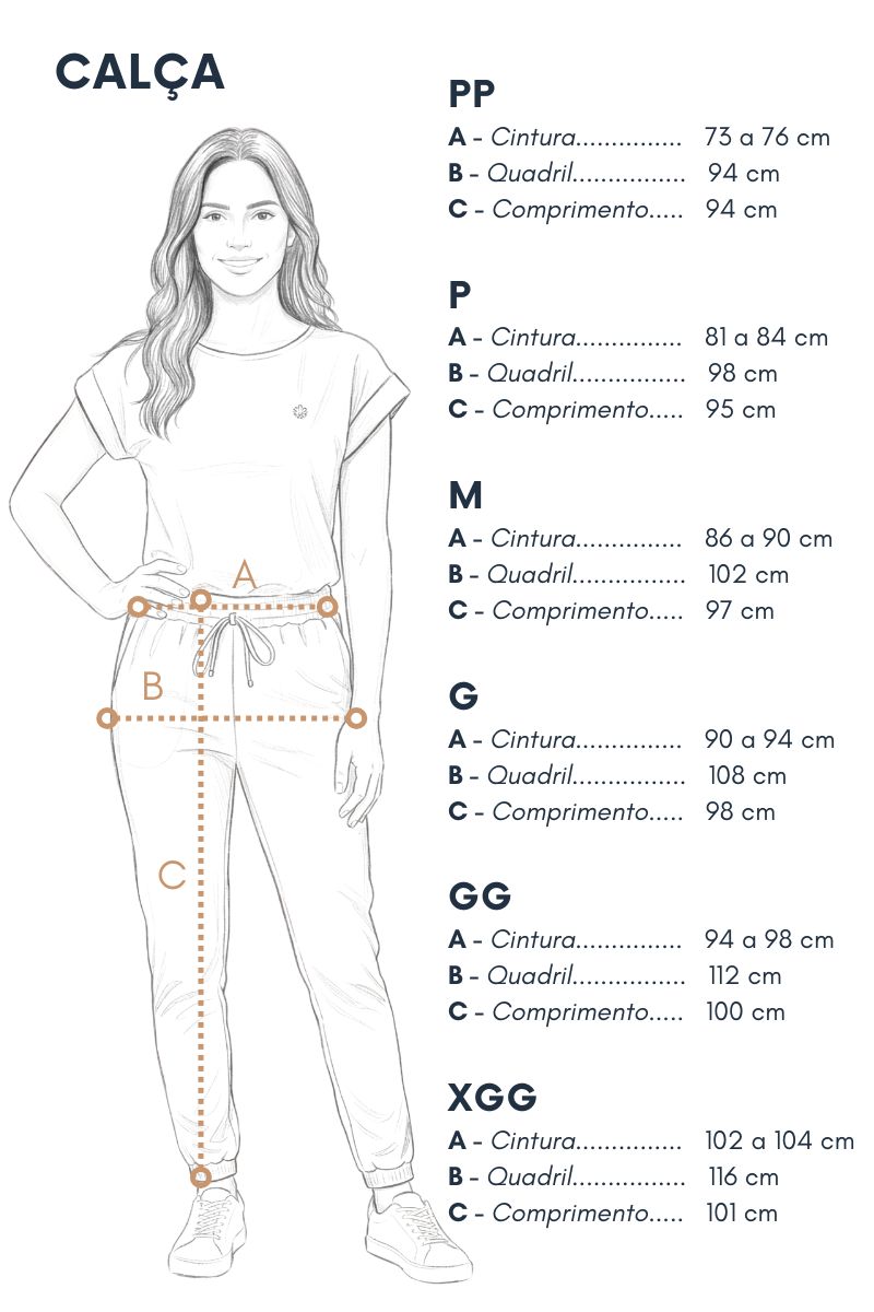 Tabela de medidas da calça Scrub Feminino Monique