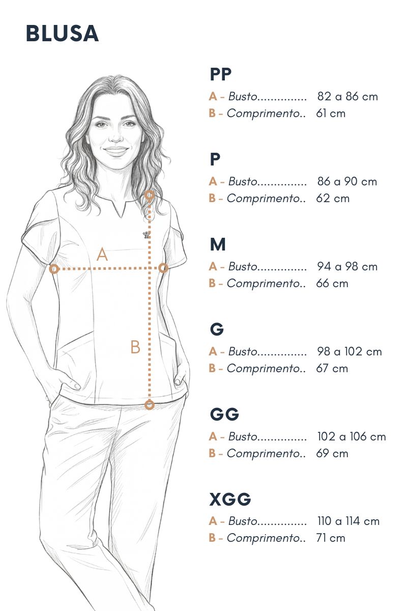 Tabela de medidas da blusa Scrub Feminino Serena