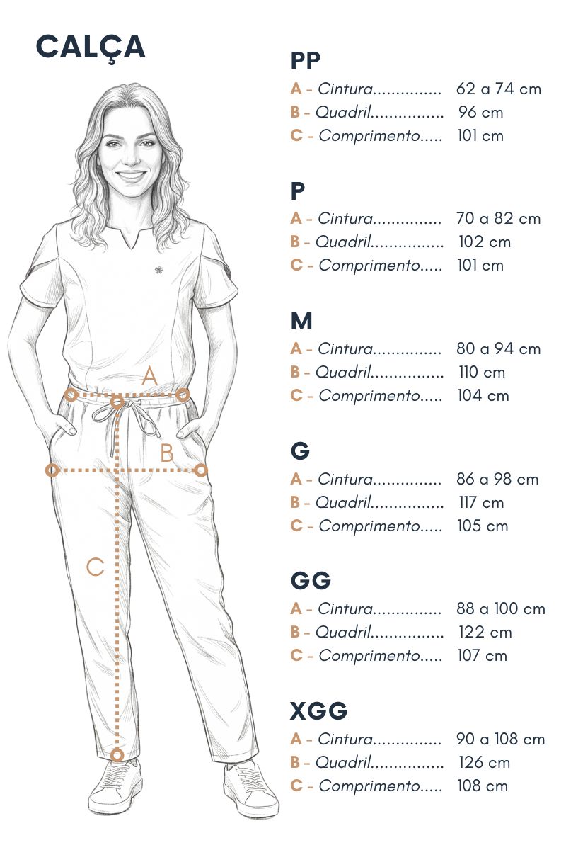 Tabela de medidas da calça Scrub Feminino Serena