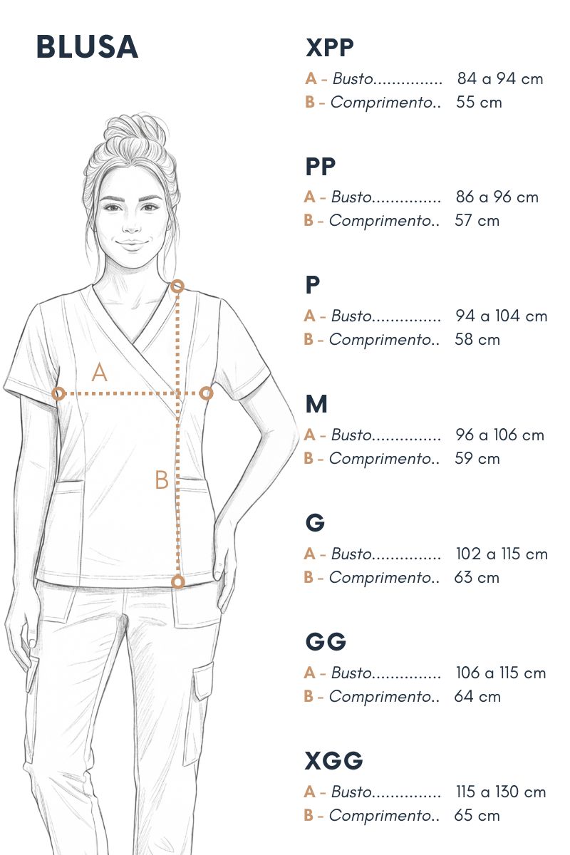 Tabela de medidas da blusa Scrub Feminino Stella