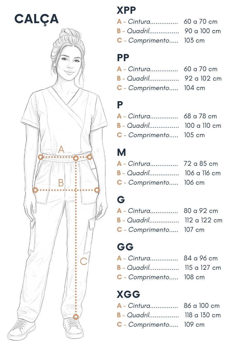 Tabela de medidas da calça Scrub Feminino Stella