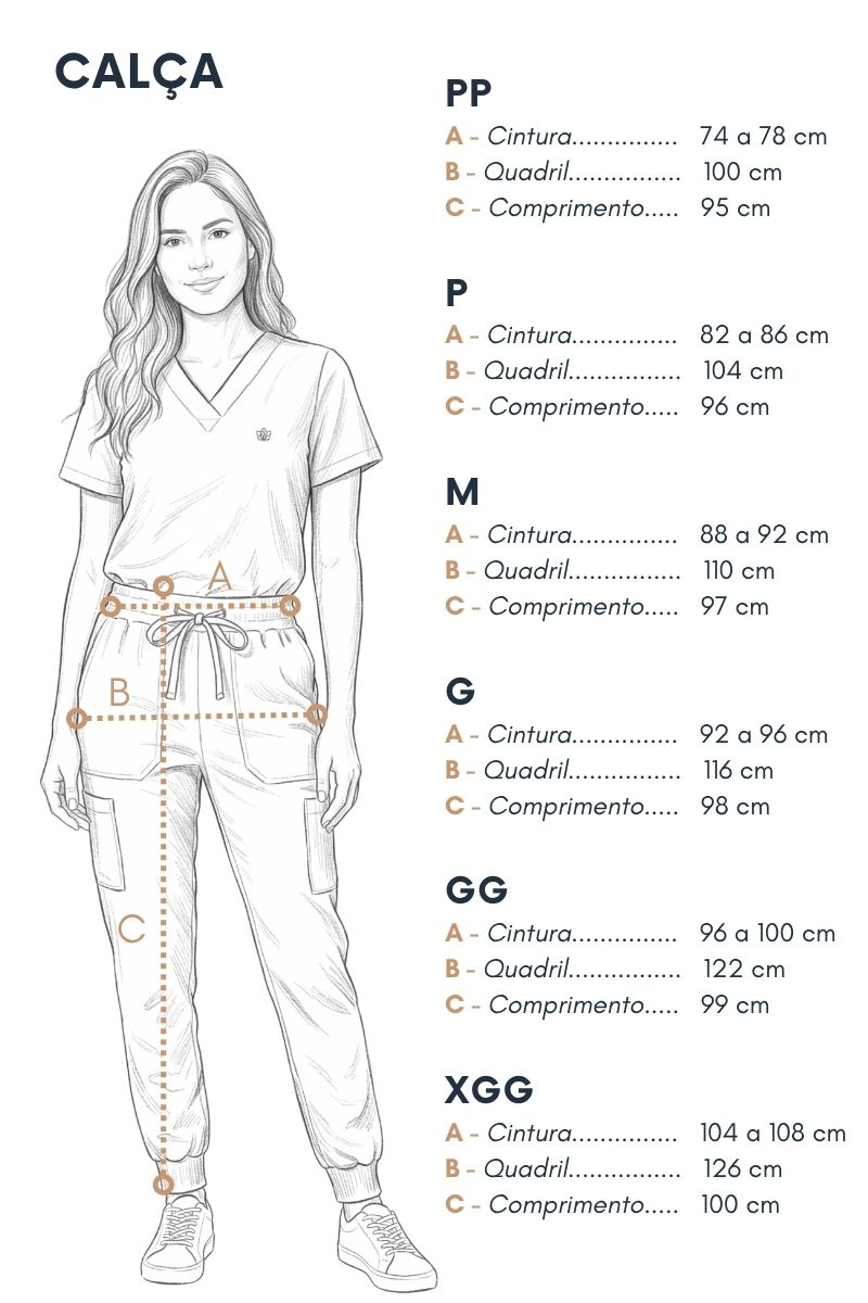 Tabela de medidas da calça Scrub Feminino Valentina